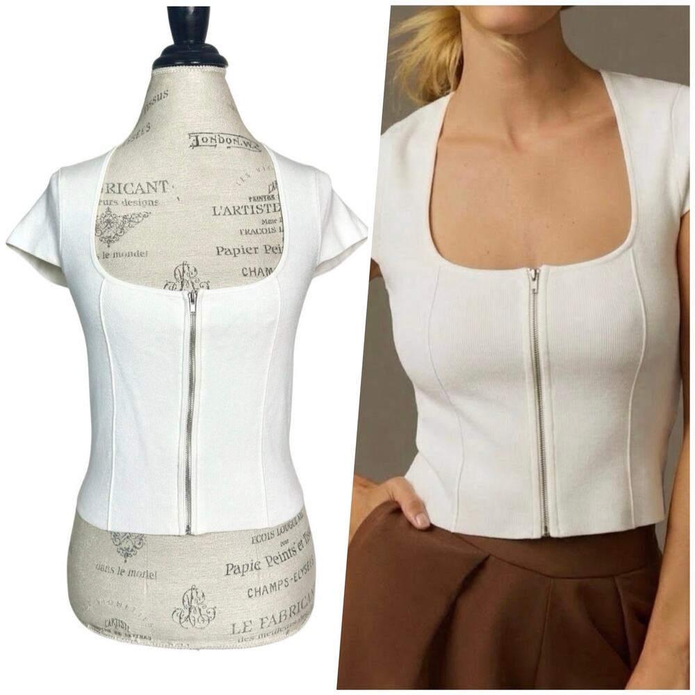 Maeve | Women | Fitted Ribbed Knit Cap Sleeve Low Cut Zip Front Top | Small